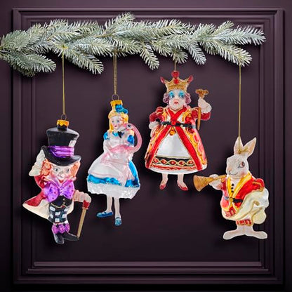 Kurt Adler Noble Gems Glass Ornaments for Christmas Tree, Alice in Wonderland (4-Piece Box Set)