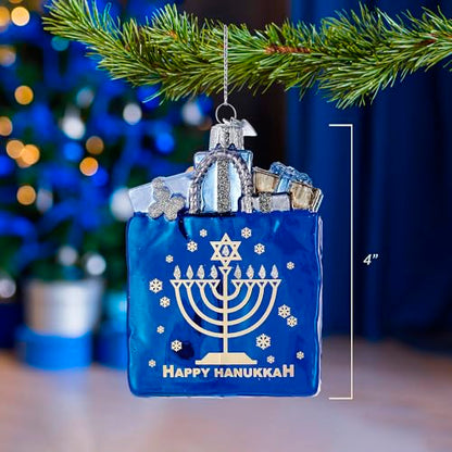 Kurt Adler 4" Noble Gems Happy Hanukkah Glass Gift Bag Ornament (NB1126)