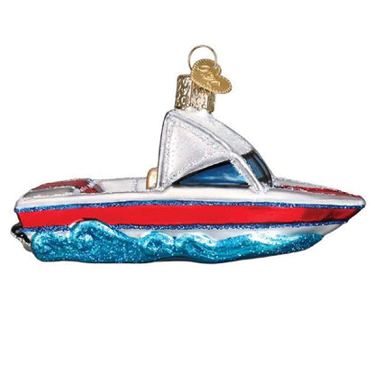 Old World Christmas Ski Boat Glass Blown Ornament for Christmas Tree, Handcrafted Holiday Decoration, Transportation Collection