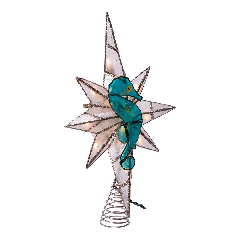 Kurt Adler 8-Point Illuminated Capiz Shell Bethlehem Star with Seahorse Treetop, 10 Incandescent Lights, 11.4"