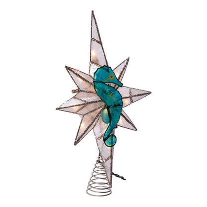Kurt Adler 8-Point Illuminated Capiz Shell Bethlehem Star with Seahorse Treetop, 10 Incandescent Lights, 11.4"