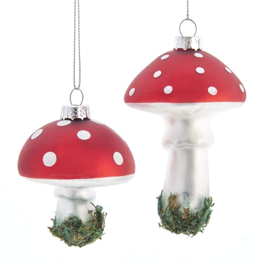 Kurt Adler Mushroom Glass Ornament, Red and White, Set of 2