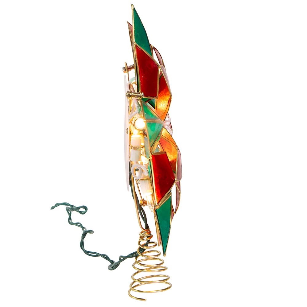 Kurt Adler 10-Point Illuminated Multi-Point Capiz Shell Poinsettia for Indoor Christmas Treetop, 10 Warm White Incandescent Lights, Red and Green, 9.5"