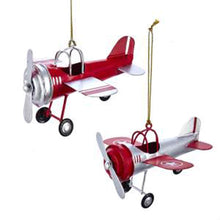 Kurt Adler Vintage Red Silvertone Airplane 4 inch Metal Decorative Hanging Ornament, Set of 2