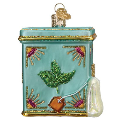 Old World Christmas Tea Tin Glass Blown Ornament for Christmas Tree, Handcrafted Holiday Decoration, Tea Collection