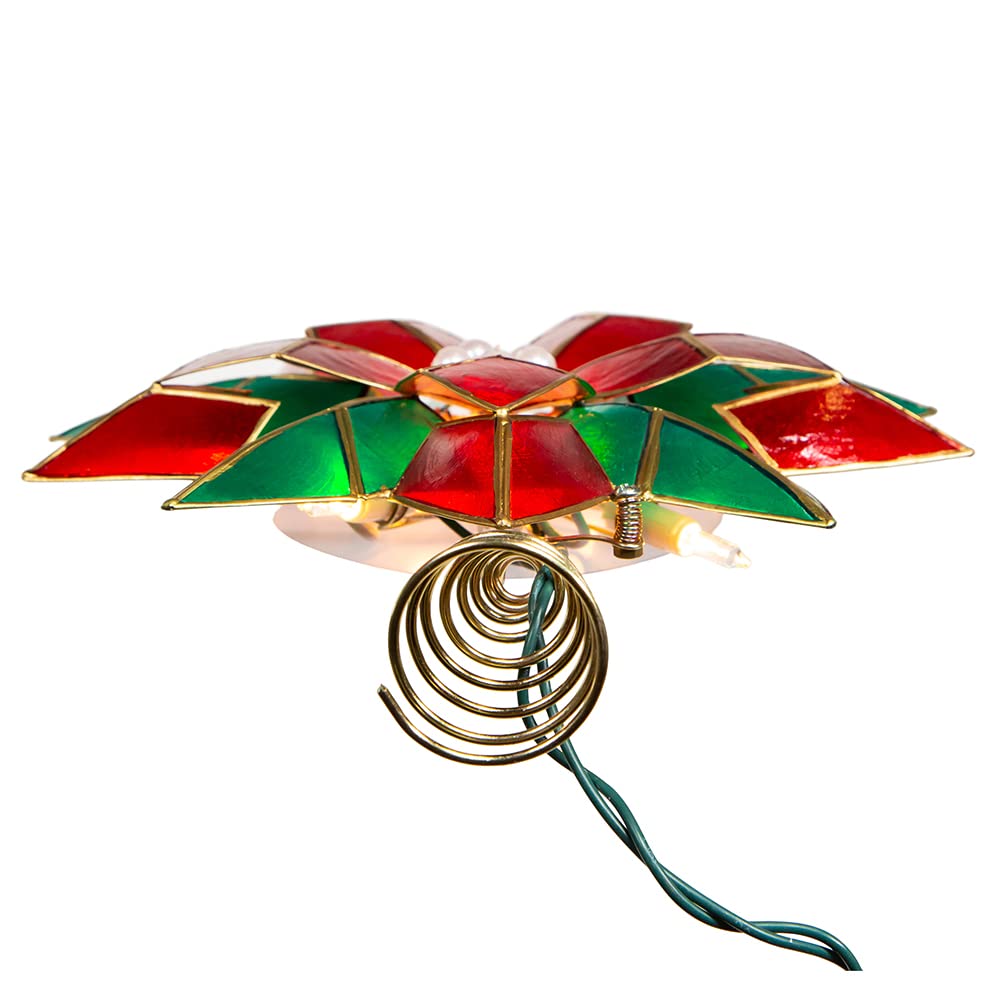 Kurt Adler 10-Point Illuminated Multi-Point Capiz Shell Poinsettia for Indoor Christmas Treetop, 10 Warm White Incandescent Lights, Red and Green, 9.5"