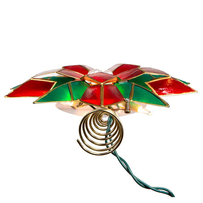Kurt Adler 10-Point Illuminated Multi-Point Capiz Shell Poinsettia for Indoor Christmas Treetop, 10 Warm White Incandescent Lights, Red and Green, 9.5"