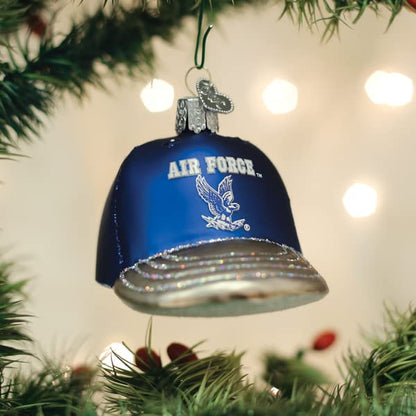 Old World Christmas Air Force Baseball Cap Glass Blown Ornament for Christmas Tree, Handcrafted Holiday Decoration, University Collection