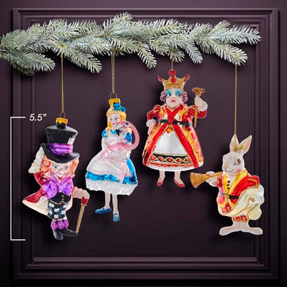 Kurt Adler Noble Gems Glass Ornaments for Christmas Tree, Alice in Wonderland (4-Piece Box Set)
