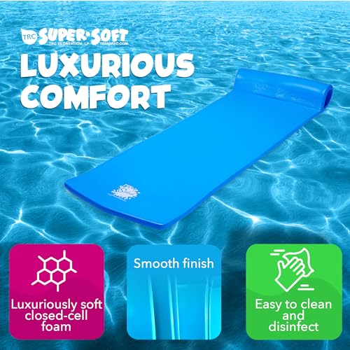 TRC Recreation Splash 1.25 Inch Thick Foam Swimming Pool Float Mat Large Adult Lounger with Built-In Roll Pillow, Bahama Blue