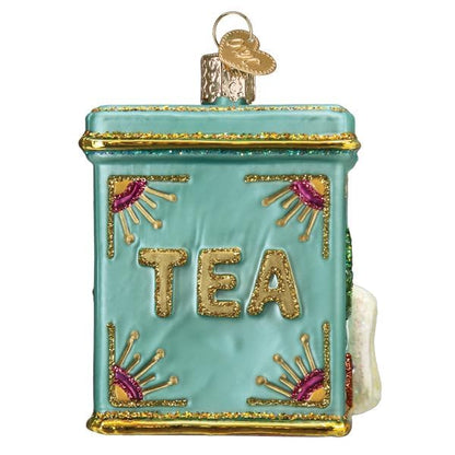 Old World Christmas Tea Tin Glass Blown Ornament for Christmas Tree, Handcrafted Holiday Decoration, Tea Collection