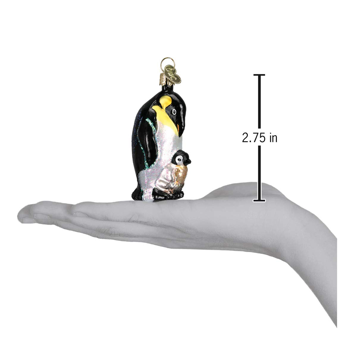 Old World Christmas Emperor Penguin with Chick, Green Glass Blown Ornament for Christmas Tree, Handcrafted Holiday Decoration, Wildlife Animal Collection