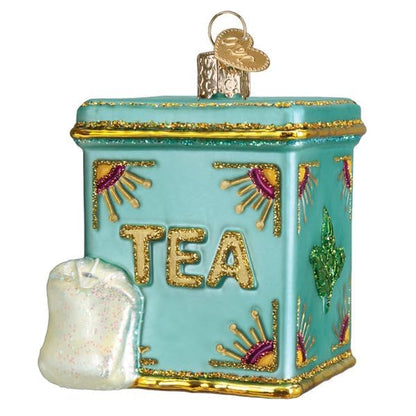 Old World Christmas Tea Tin Glass Blown Ornament for Christmas Tree, Handcrafted Holiday Decoration, Tea Collection