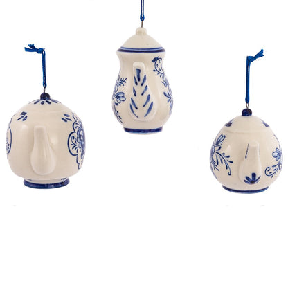 Kurt Adler 2-3" Porcelain Delft Blue Teapot Ornament Set of 3,for Christmas
