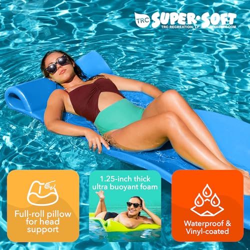 TRC Recreation Splash 1.25 Inch Thick Foam Swimming Pool Float Mat Large Adult Lounger with Built-In Roll Pillow, Bahama Blue