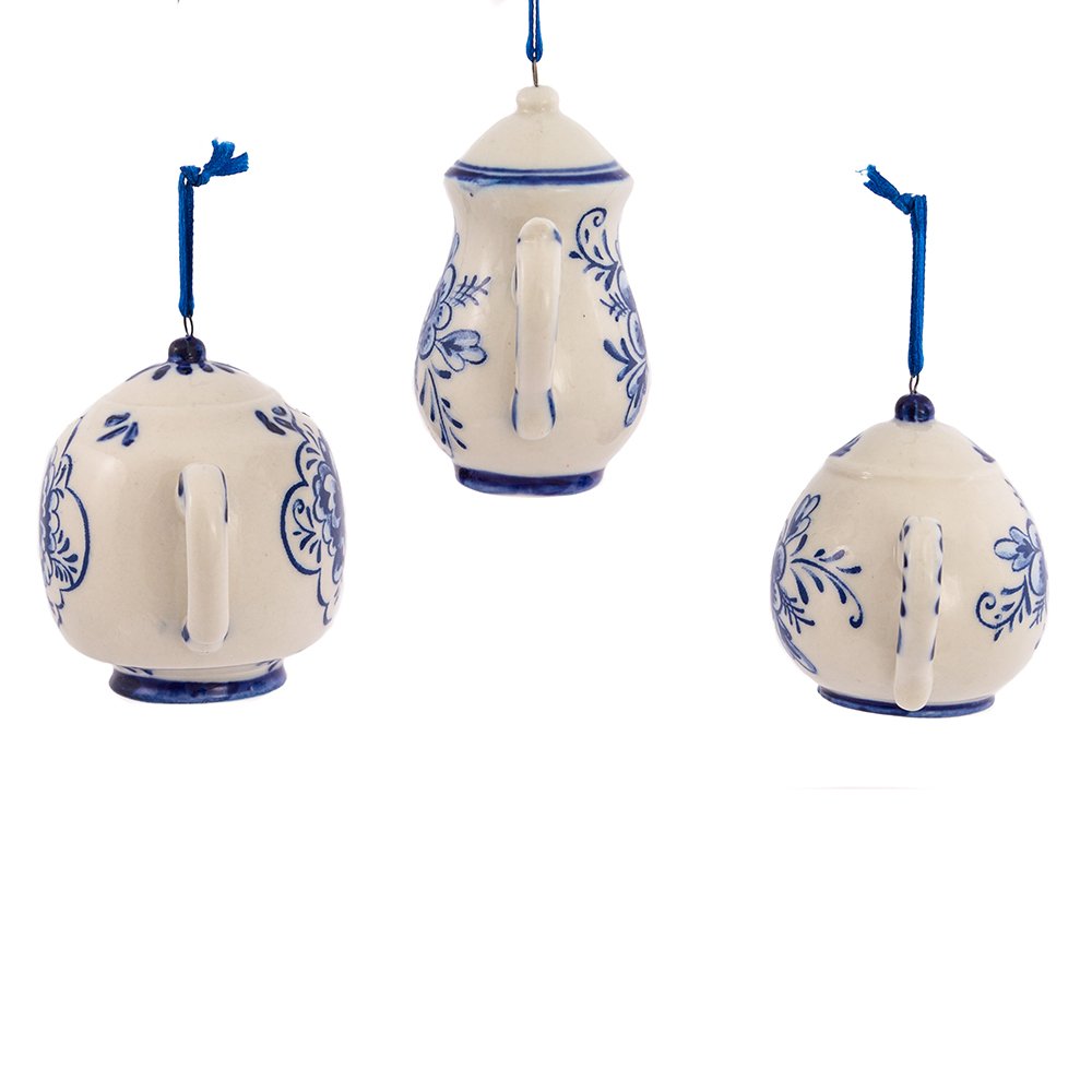 Kurt Adler 2-3" Porcelain Delft Blue Teapot Ornament Set of 3,for Christmas