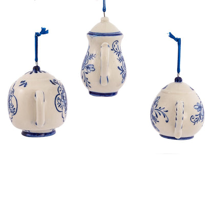 Kurt Adler 2-3" Porcelain Delft Blue Teapot Ornament Set of 3,for Christmas
