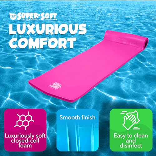 TRC Recreation Splash 1.25 Inch Thick Foam Swimming Pool Float Mat Large Adult Lounger with Built-In Roll Pillow, Flamingo Pink