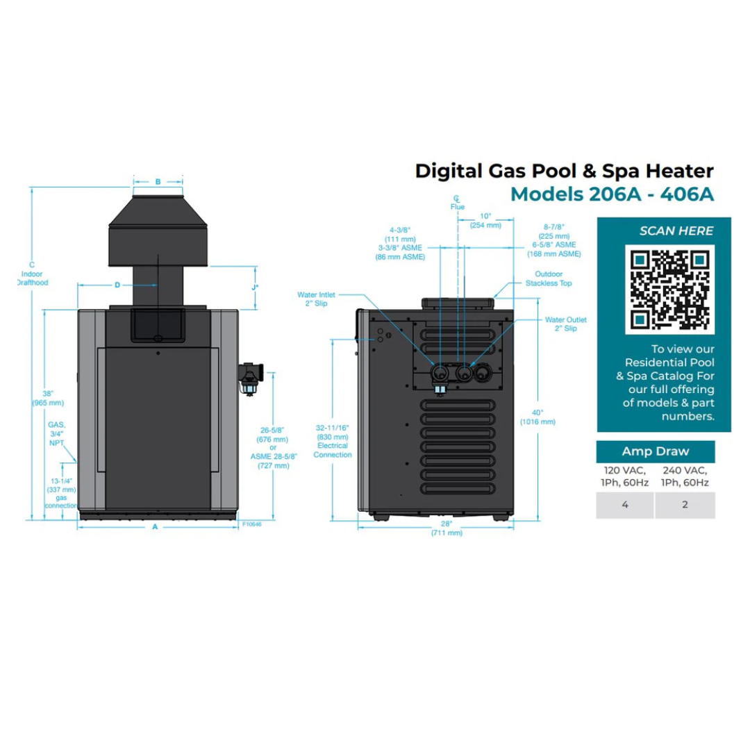 Raypak P-R406A-EN-C #50 Digital Natural Gas Heater, 399K BTU, Electronic Ignition, Polymer Headers, Copper Exchanger, 260 lbs | 009219