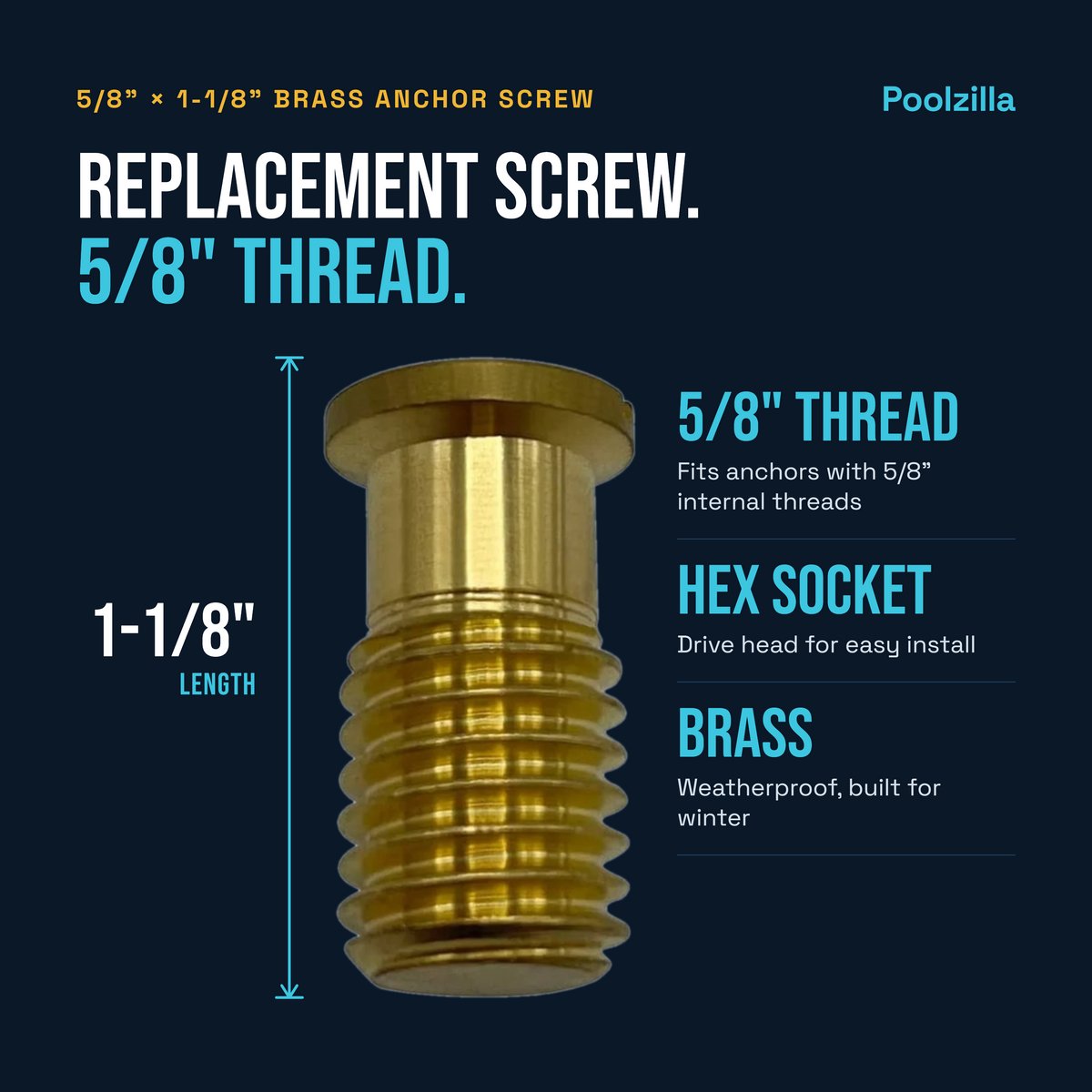Poolzilla 1 1/8'' Threaded Brass Screw for Pool Cover Anchors - 5/8'' Threads