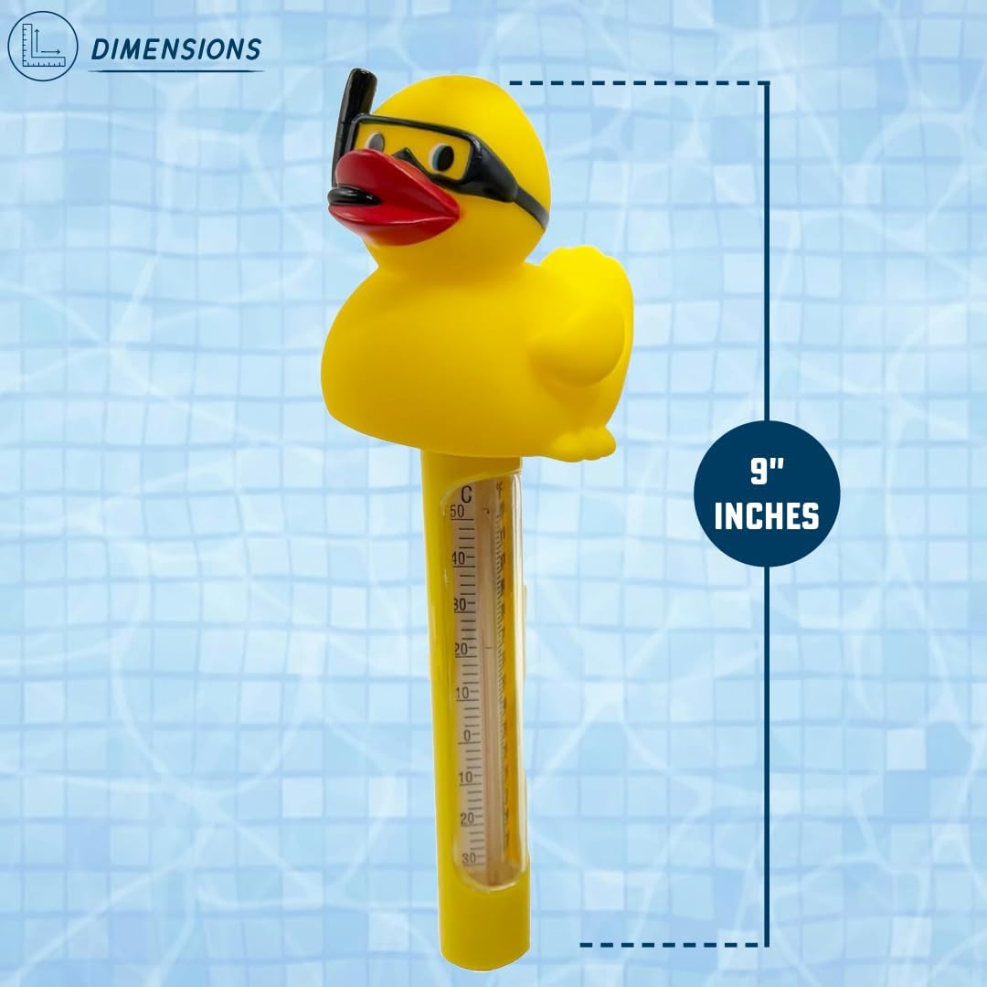 Poolzilla Duck Dispenser with Thermometer - Tablet Floater with Adjustable Collar Design and Easy Read String Thermometer