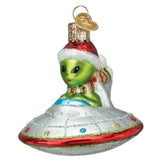 Old World Christmas UFO with Alien in Santa Hat Glass Blown Ornament for Christmas Tree, Handcrafted Holiday Decoration, Outer Space Collection