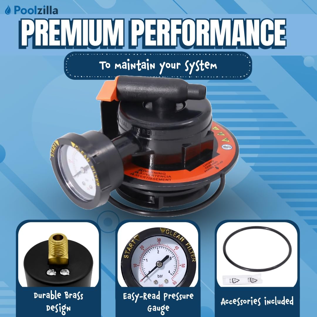 Poolzilla Manual Air Relief Assembly, Compatible with DEX2420MAR2, Pro-Grid De Filters, SwimClear and Swim Clear Cartridge Filters, Air Relief Valve Replacement for DE and Cartridge Pool Filters