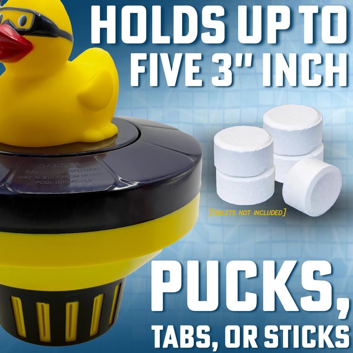 Poolzilla Duck Dispenser with Thermometer - Tablet Floater with Adjustable Collar Design and Easy Read String Thermometer