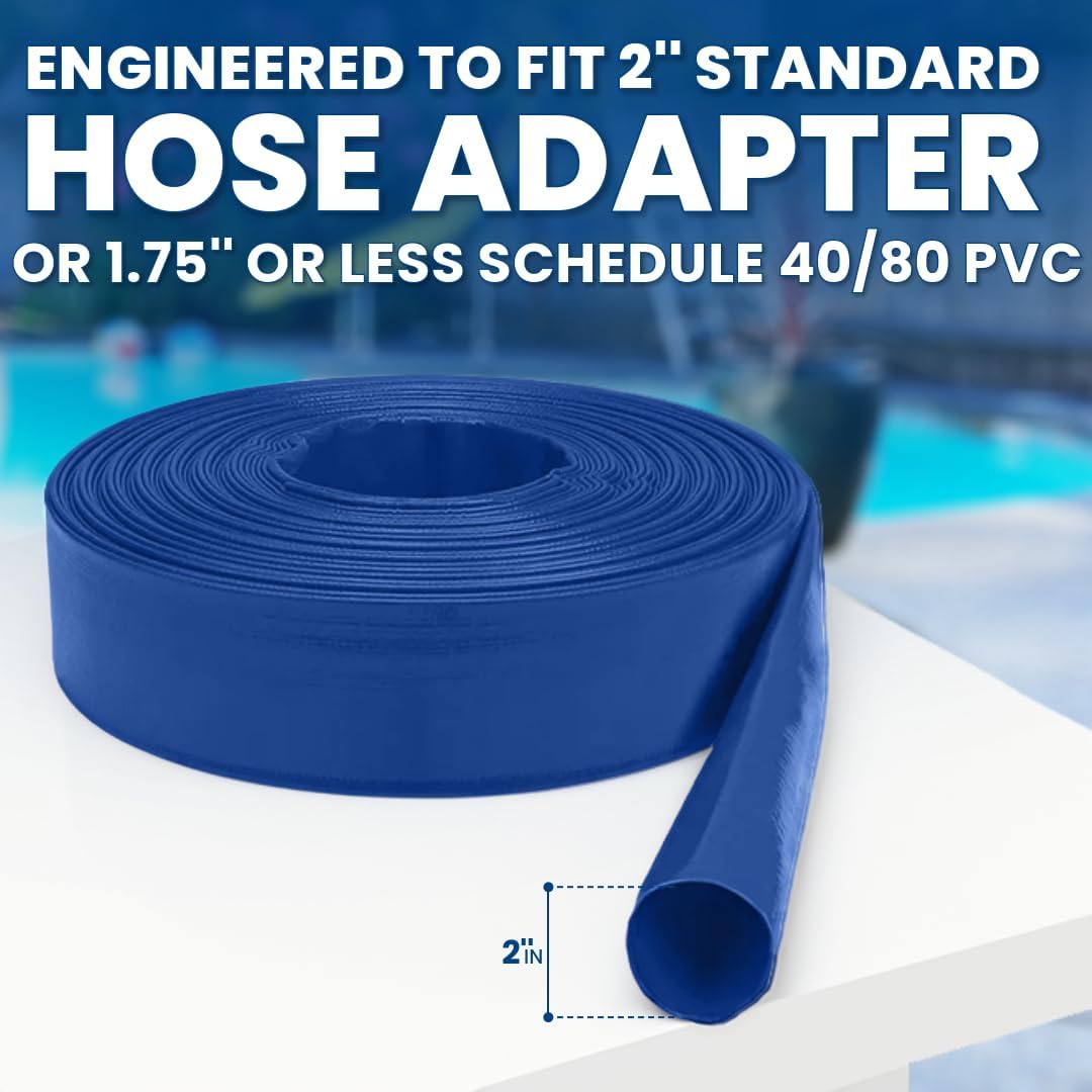 Poolzilla Heavy Duty Swimming Pool Backwash Hose | 2"x100' | Blue | Includes Steel Clamp