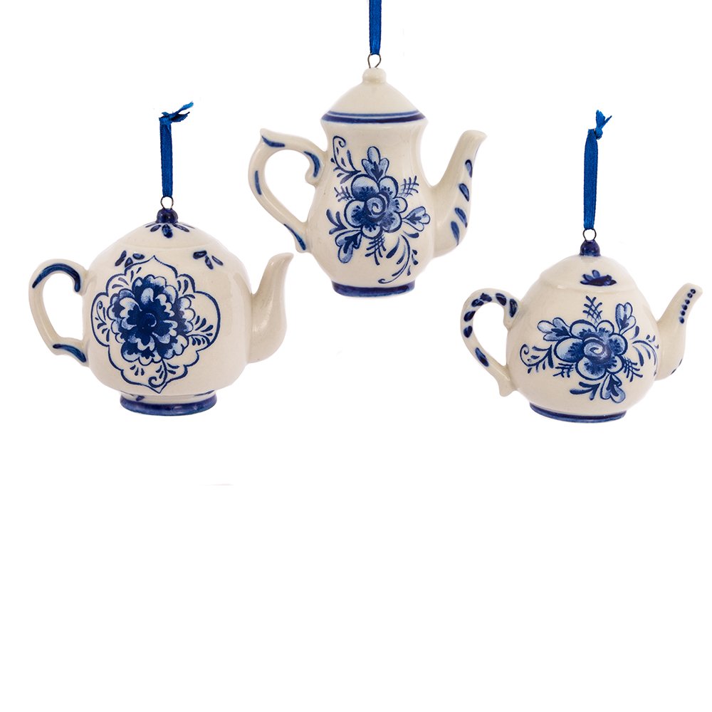 Kurt Adler 2-3" Porcelain Delft Blue Teapot Ornament Set of 3,for Christmas