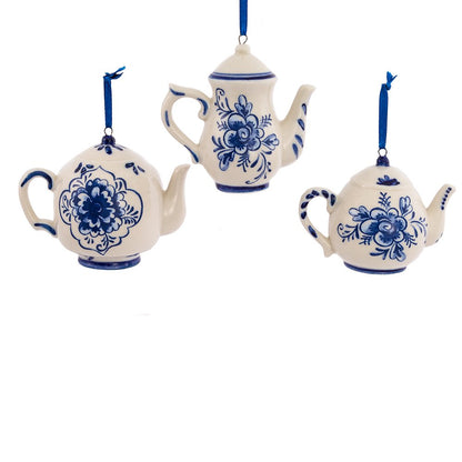 Kurt Adler 2-3" Porcelain Delft Blue Teapot Ornament Set of 3,for Christmas