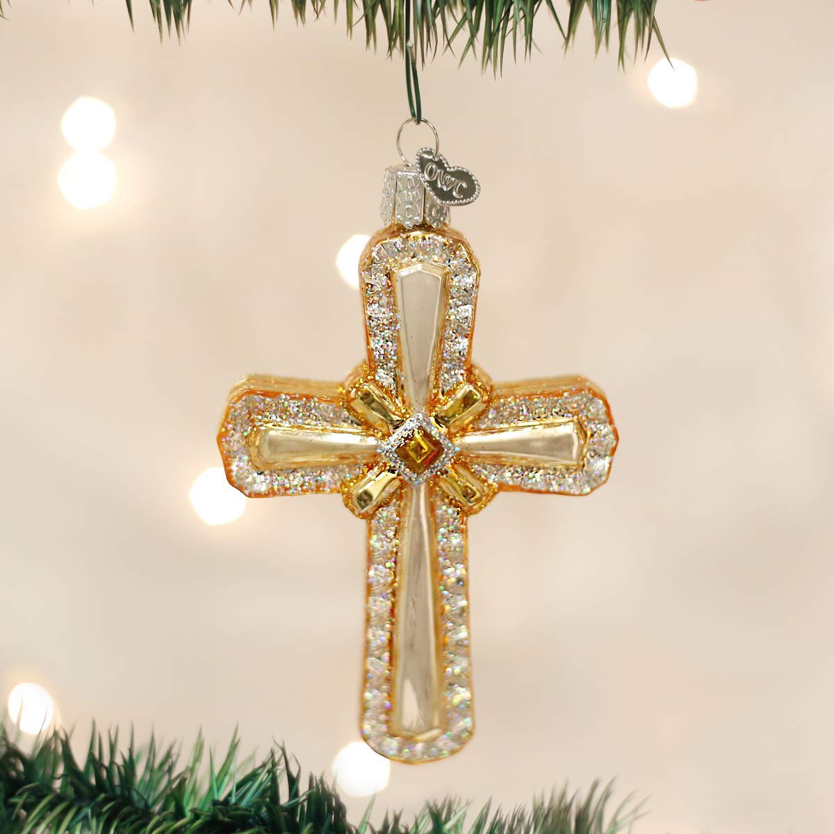 Old World Christmas Holy Cross Glass Blown Ornament for Christmas Tree, Handcrafted Holiday Decoration, Religion Collection