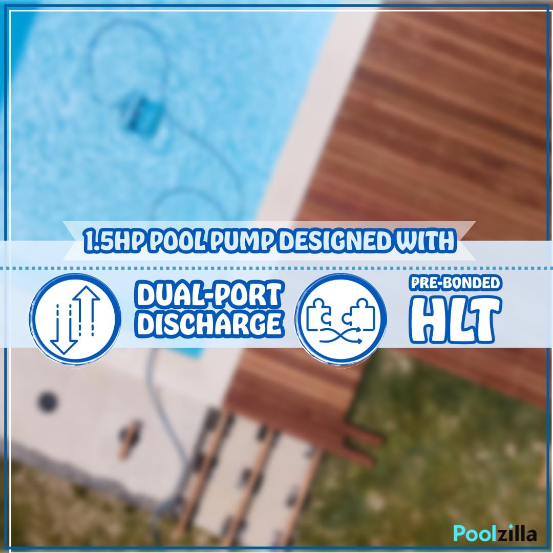 Poolzilla 1.5HP Pool Pump For Above Ground Pools With Dual-Port Discharge and Pre-Bonded HLT