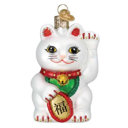 Old World Christmas Lucky Cat Glass Blown Ornament for Christmas Tree, Handcrafted Holiday Decoration, Chinese Collection