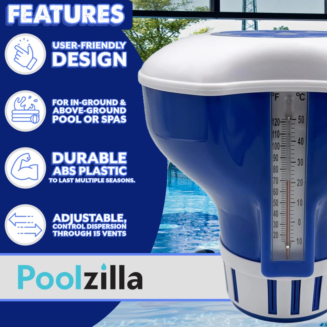 Poolzilla Chlorine Feeder with Built-in Thermometer | Adjustable Collar |  Holds Chlorine Tablets up to 3”