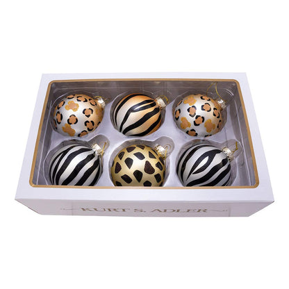 Kurt S. Adler Kurt Adler 80MM Gold, Silver and Black Animal Glass Ball, 6 Piece Box Ornament, Multi, 6 Count