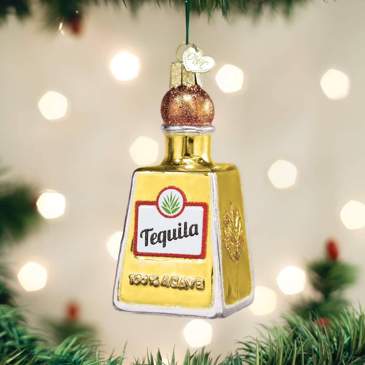 Old World Christmas Tequila Bottle Glass Blown Ornament for Christmas Tree, Handcrafted Holiday Decoration, Adult Beverages Collection