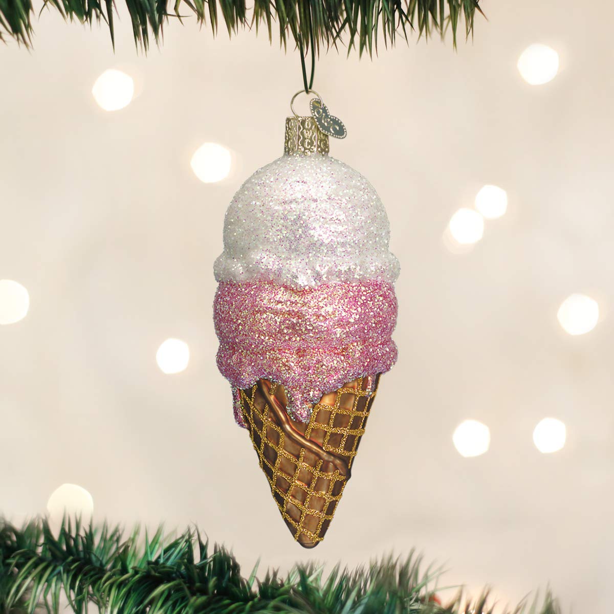 Old World Christmas Ice Cream Cone Glass Blown Ornament for Christmas Tree, Handcrafted Holiday Decoration, Ice Cream Collection
