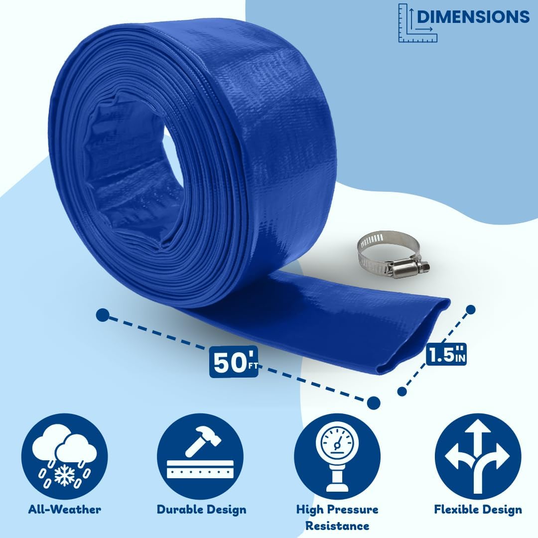 Poolzilla Heavy Duty Swimming Pool Backwash Hose | 1.5"x50' | Blue | Includes Steel Clamp