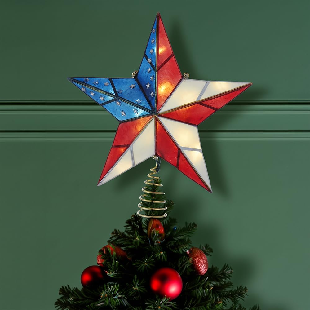 Kurt S. Adler UL3142 9.84" Brass Plated American Flag Inspired Capiz Star Tree Topper
