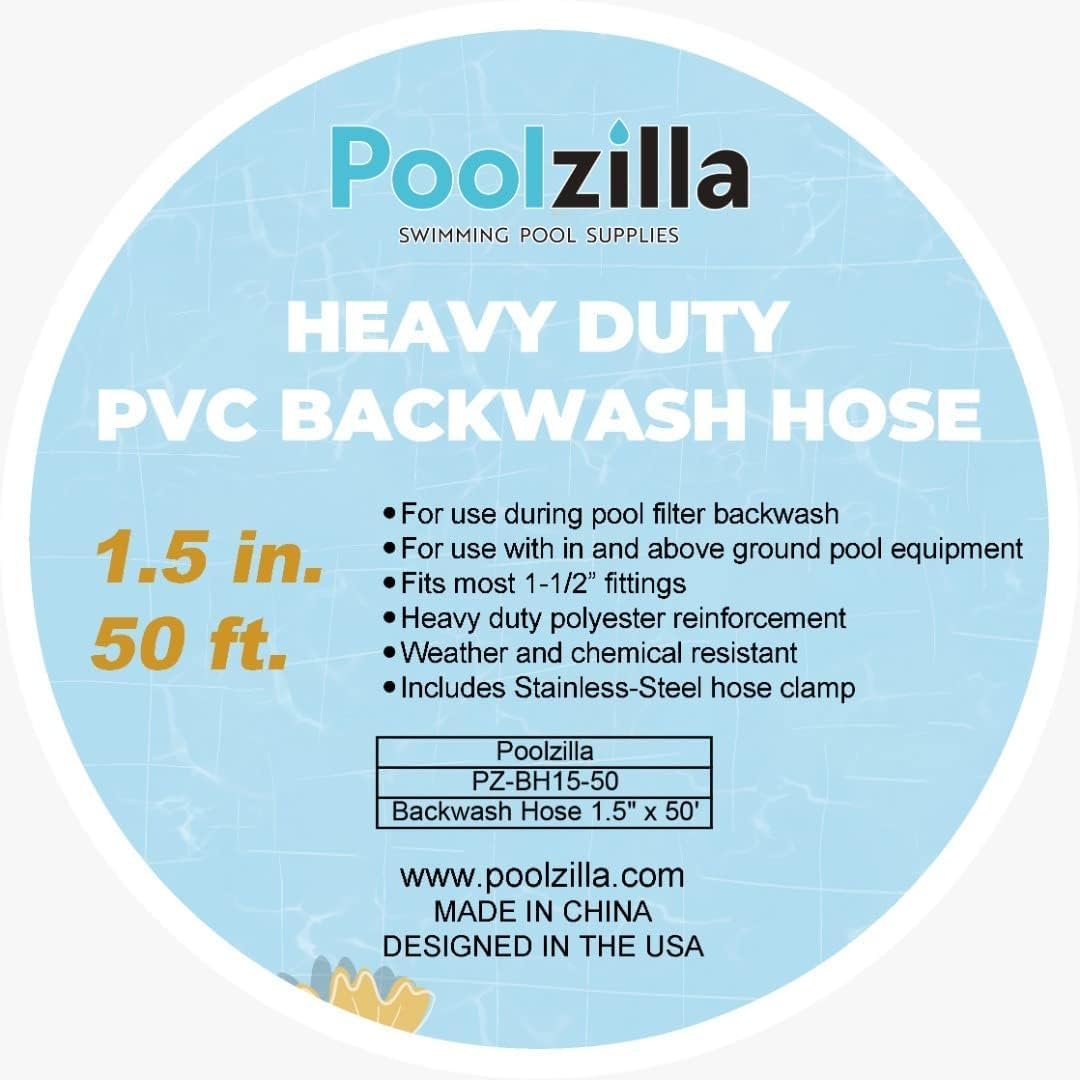 Poolzilla Heavy Duty Swimming Pool Backwash Hose | 2"x100' | Blue | Includes Steel Clamp