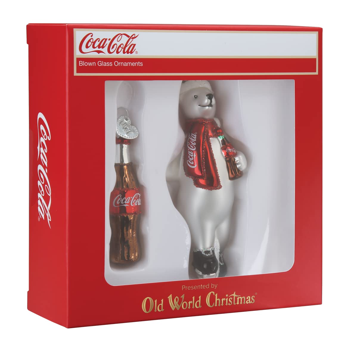 Old World Christmas Coca-Cola Polar Bear Set Glass Blown Ornament for Christmas Tree, Handcrafted Holiday Decoration, Coca-Cola Collection