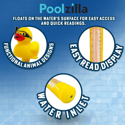 Poolzilla Duck Dispenser with Thermometer - Tablet Floater with Adjustable Collar Design and Easy Read String Thermometer