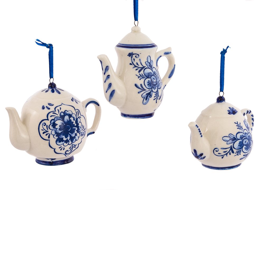 Kurt Adler 2-3" Porcelain Delft Blue Teapot Ornament Set of 3,for Christmas