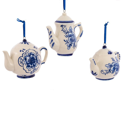Kurt Adler 2-3" Porcelain Delft Blue Teapot Ornament Set of 3,for Christmas