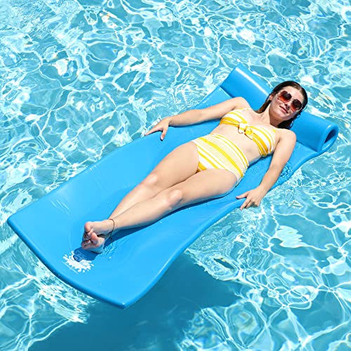 TRC Recreation Splash 1.25 Inch Thick Foam Swimming Pool Float Mat Large Adult Lounger with Built-In Roll Pillow, Bahama Blue