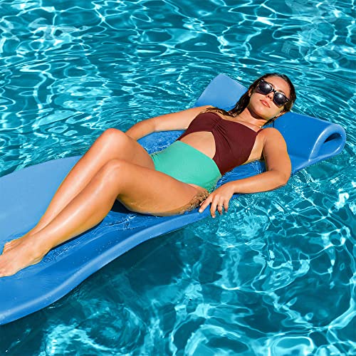 TRC Recreation Splash 1.25 Inch Thick Foam Swimming Pool Float Mat Large Adult Lounger with Built-In Roll Pillow, Bahama Blue