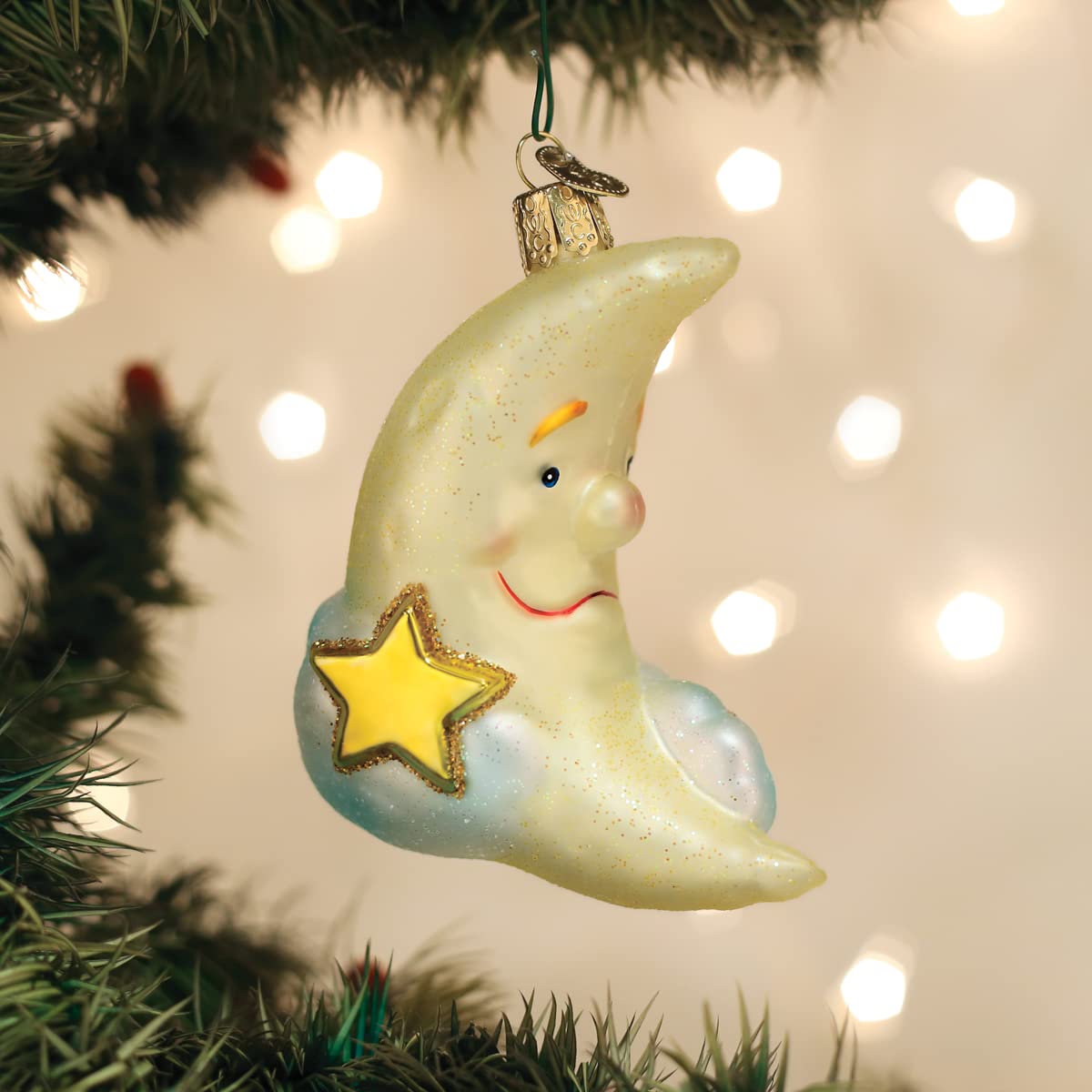 Old World Christmas Mister Moon Glass Blown Ornament for Christmas Tree, Handcrafted Holiday Decoration, Outer Space Collection