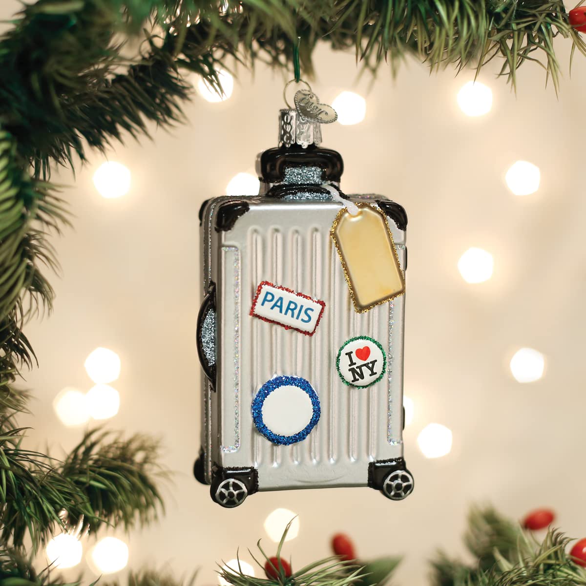 Old World Christmas Rolling Suitcase Glass Blown Ornament for Christmas Tree, Handcrafted Holiday Decoration, Travel Collection