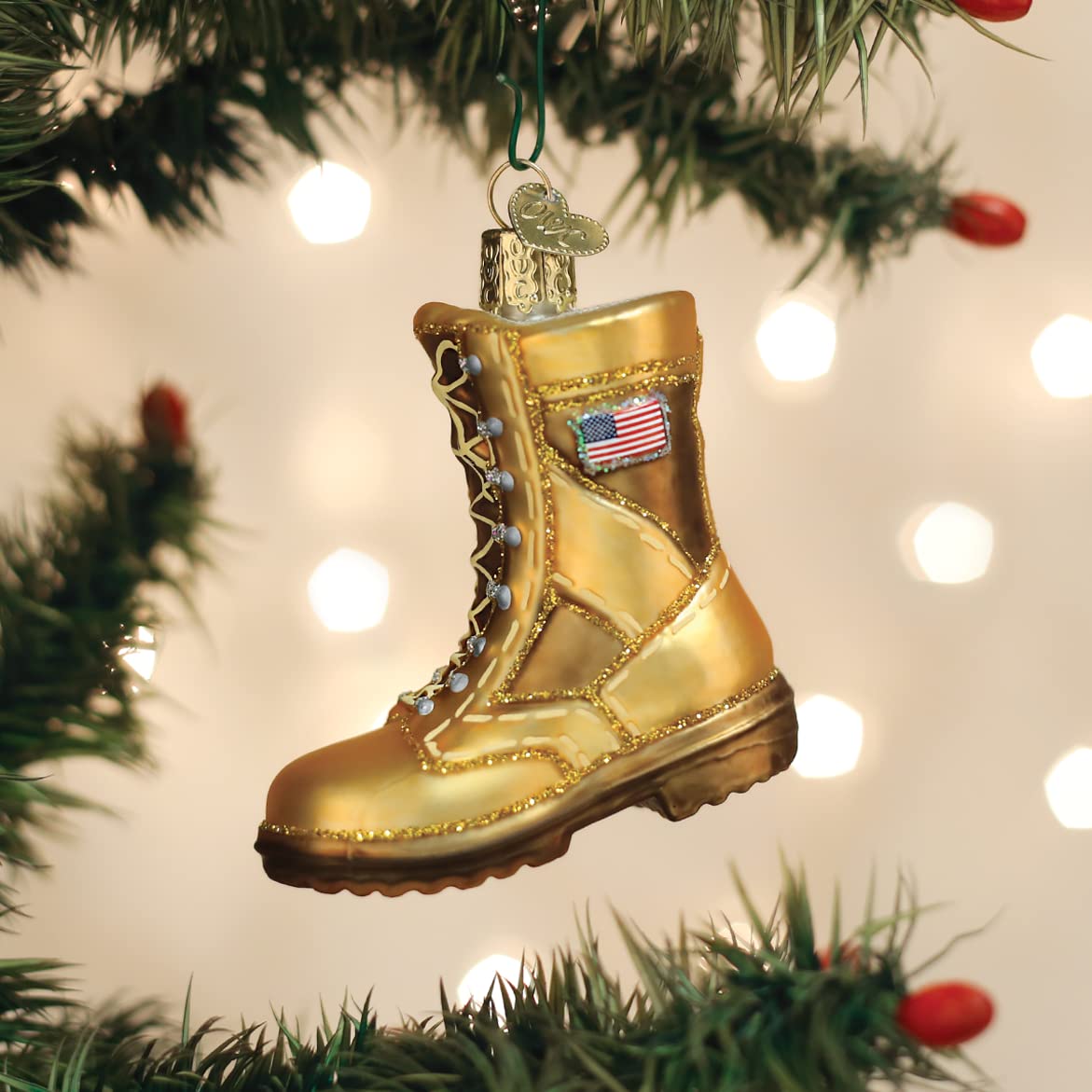 Old World Christmas Military Boot (Gold Combat Boot with American Flag Patch) Glass Blown Ornament for Christmas Tree, Handcrafted Holiday Decoration, Tools Collection